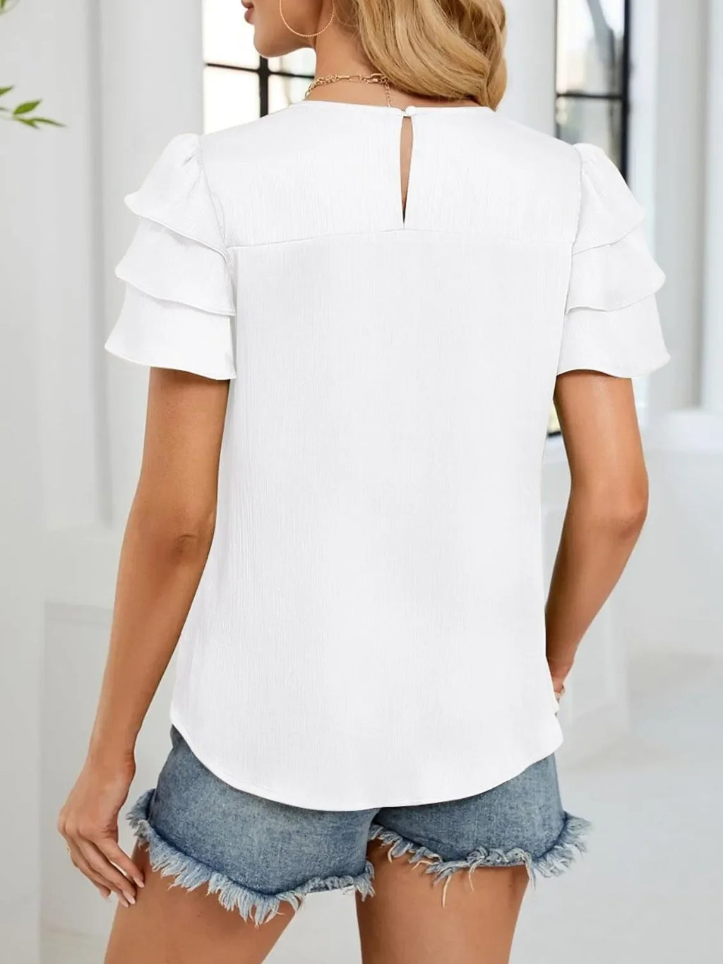 Smocked Round Neck Ruffled Layered Sleeve Blouse