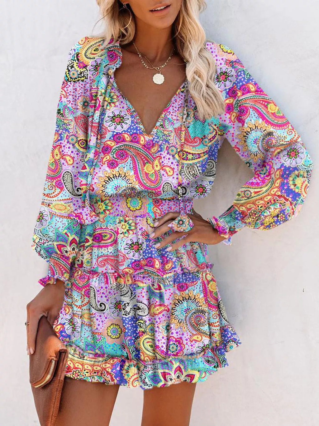 Tie Neck Lantern Sleeve Dress