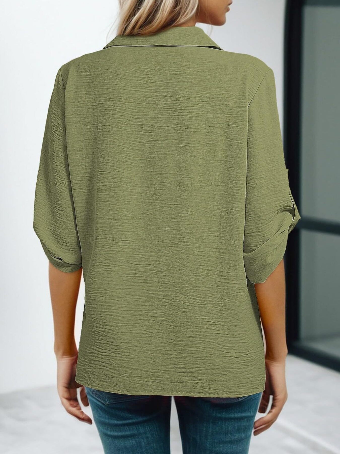 Johnny Collar Roll-Up Sleeve Blouse