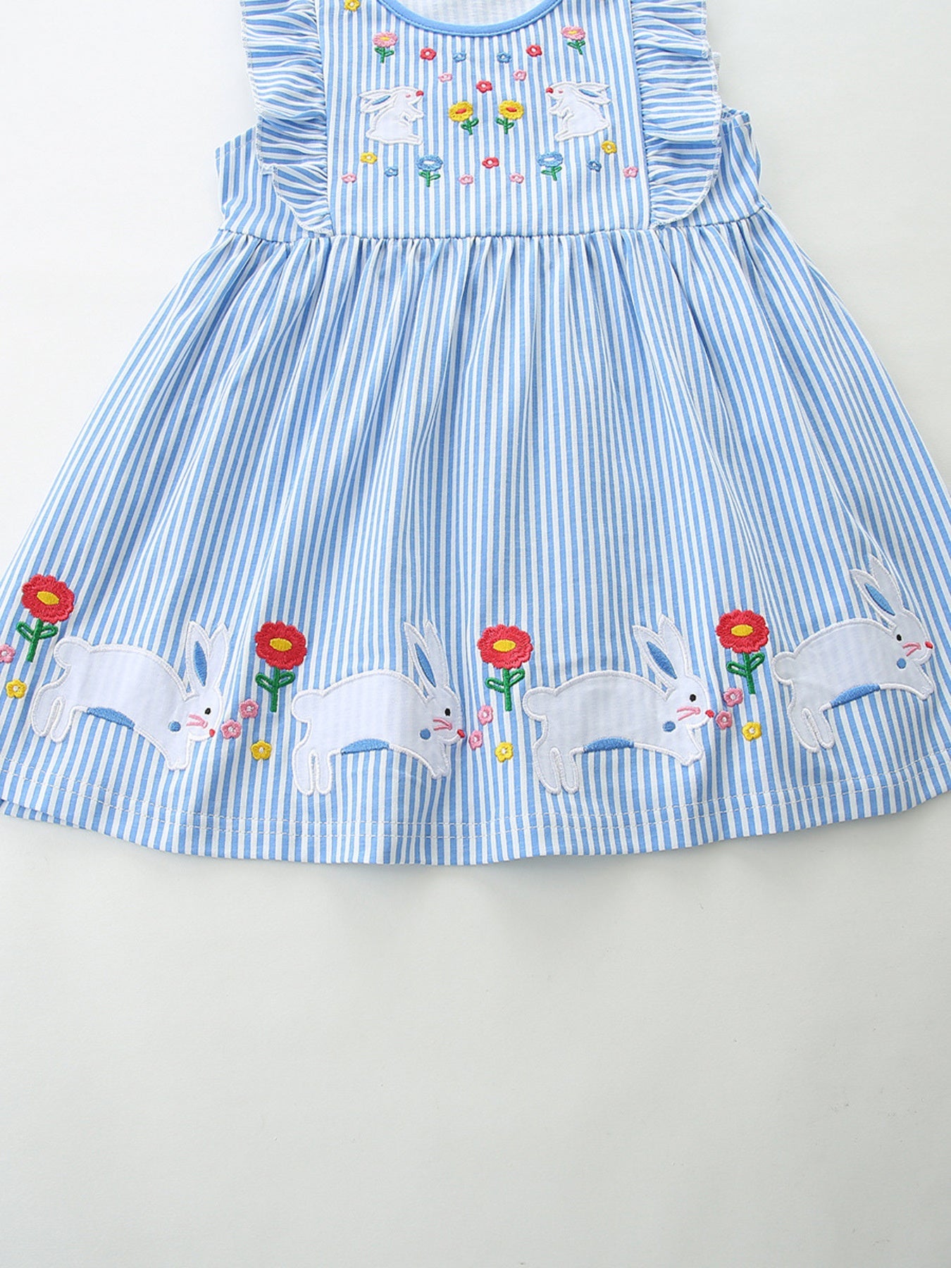 Children's Striped Bunny Embroidered Ruffle Sleeve Dress