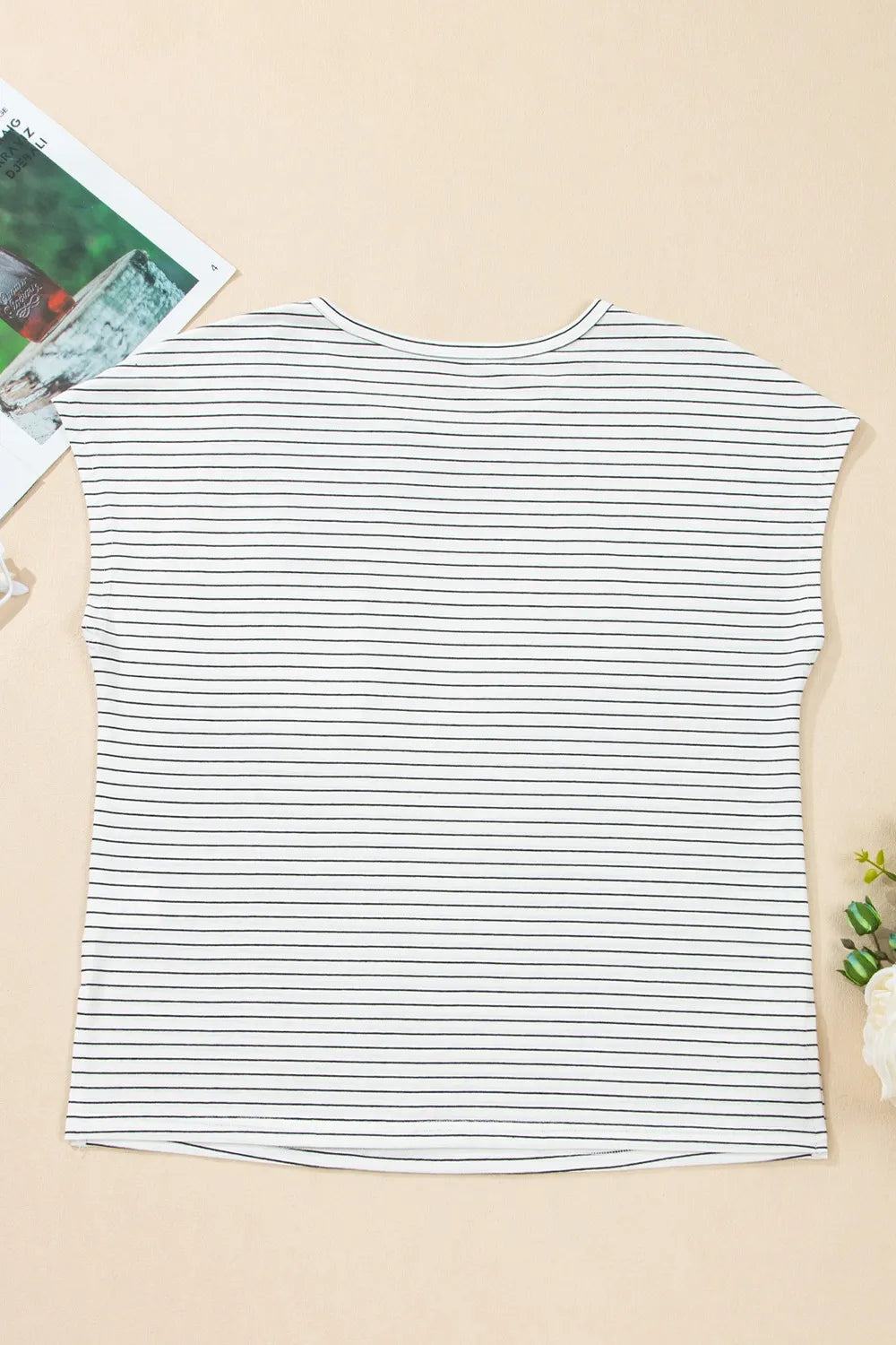Stripe Cap Sleeve Crew Neck Casual Tee with Chest Pocket