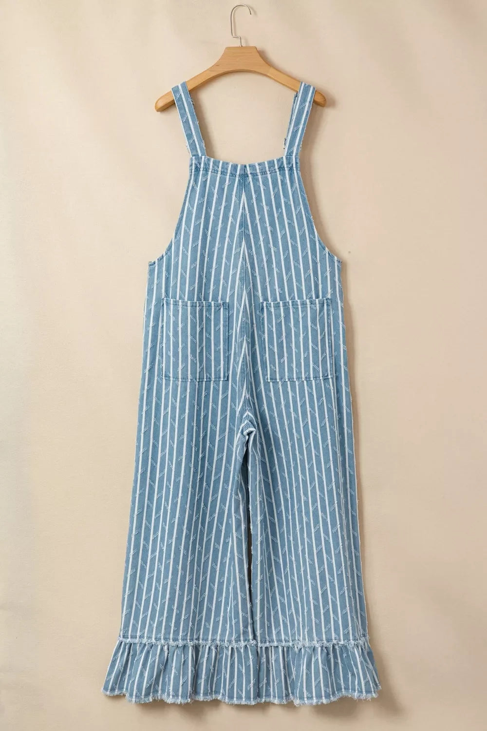 Striped Distressed Ruffled Wide Leg Denim Overalls