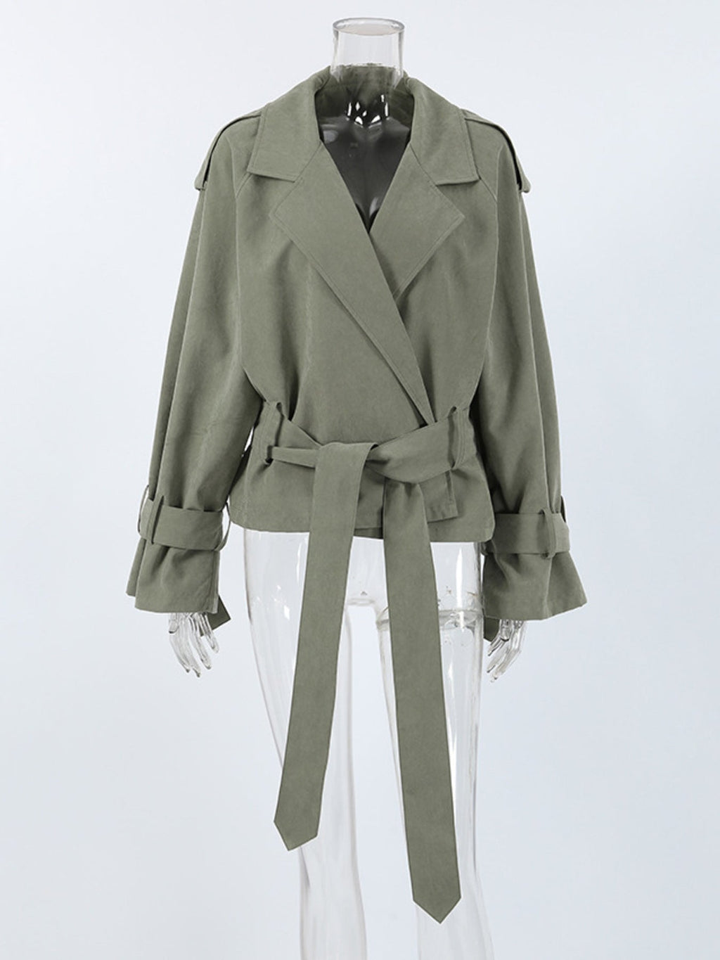 Lapel Collar Tie Waist Trench Jacket