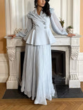 Frill Lapel Collar Top and Pleated Skirt Set