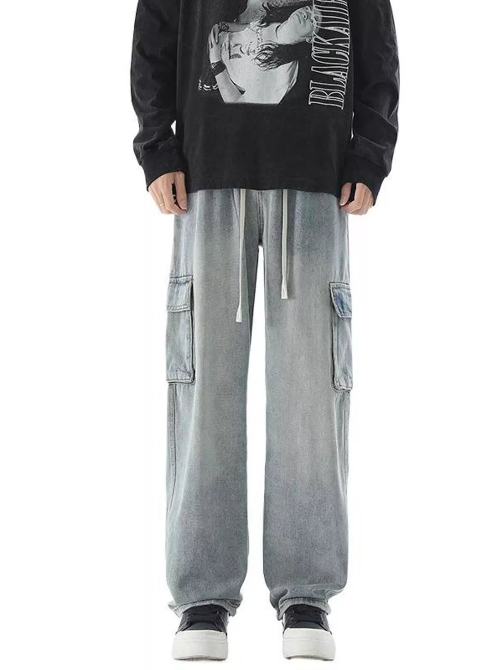 Men's Drawstring Wash Wide Leg Jeans