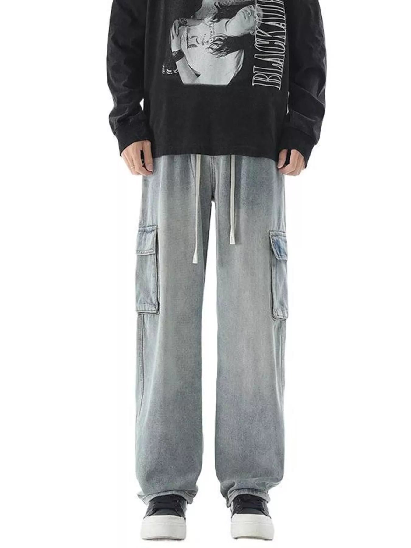 Men's Drawstring Wash Wide Leg Jeans