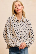 BiBi Crinkle Polka Dot Ruffled Hem Button Up Shirt Top