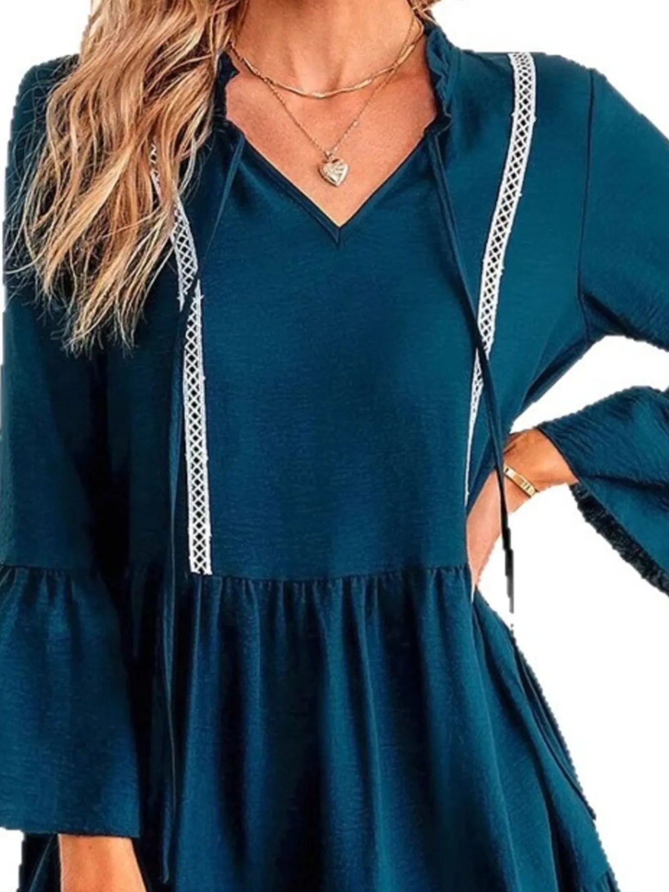 Tie-Neck Long Sleeve Mini Dress with Trim Detail