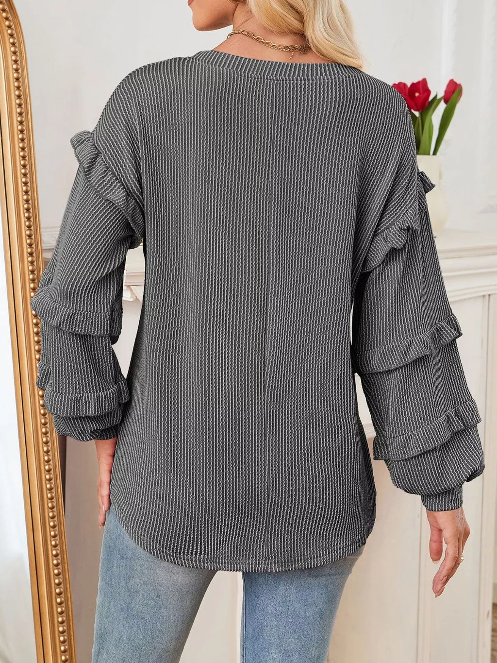 Ruffled Long Sleeve Knit T-Shirt