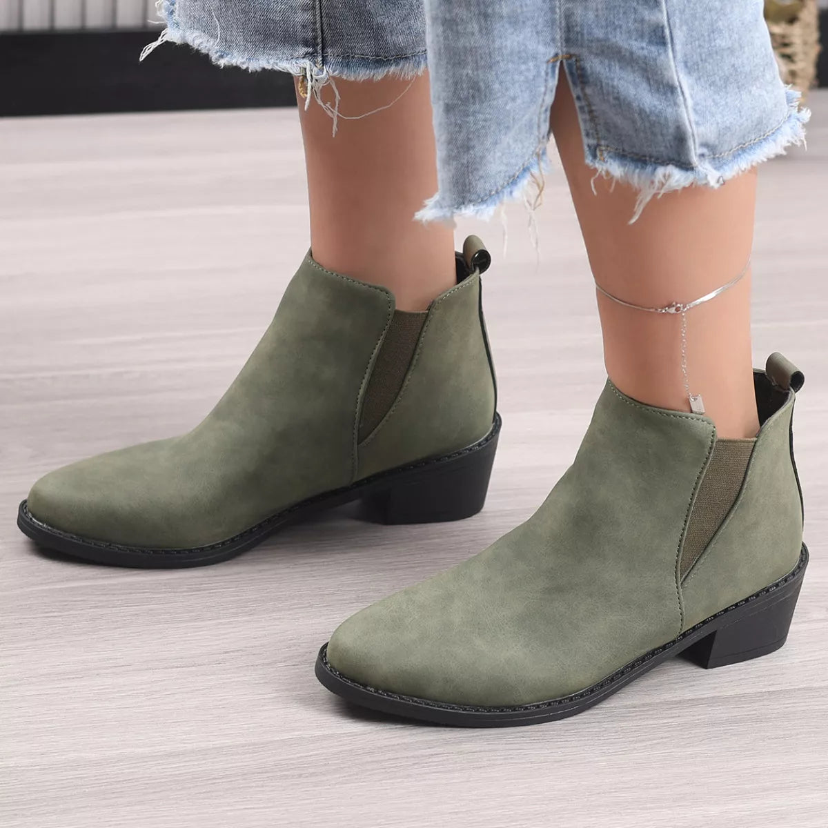 Point Toe Block Heels Ankle Boots