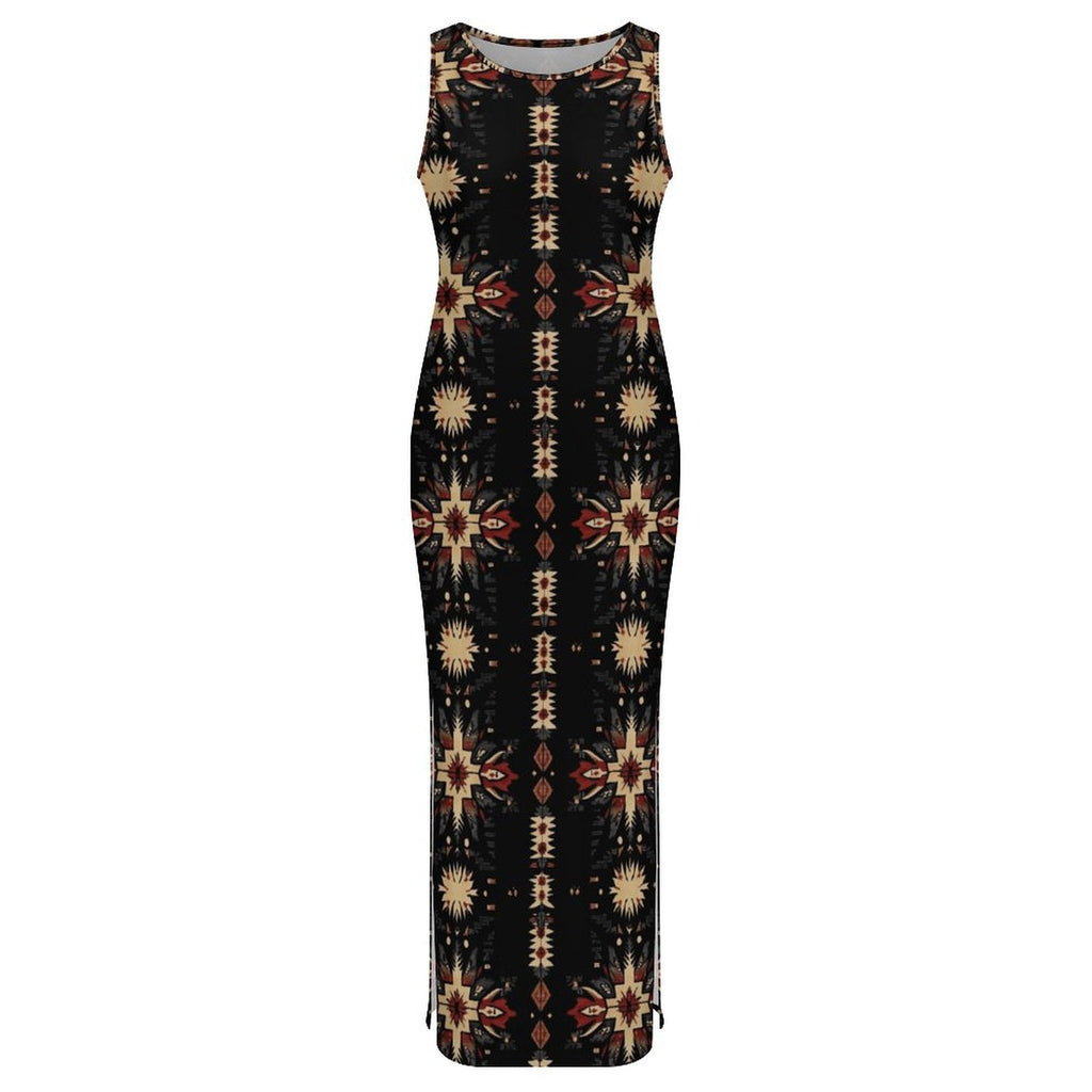 Baha Ranch Black and Tan Aztec Bodycon Side Slit Western Maxi Dress