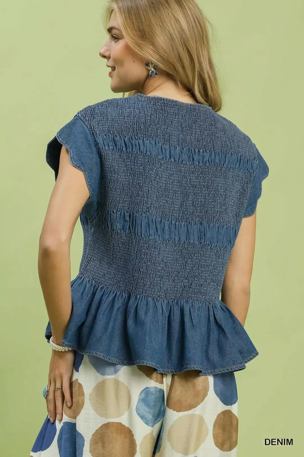 Umgee Smocked Peplum Top with Scalloped Ruffle Cap Sleeves
