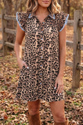 Leopard Print Lace Trim Shirt Collar Button Down Loose Mini Dress