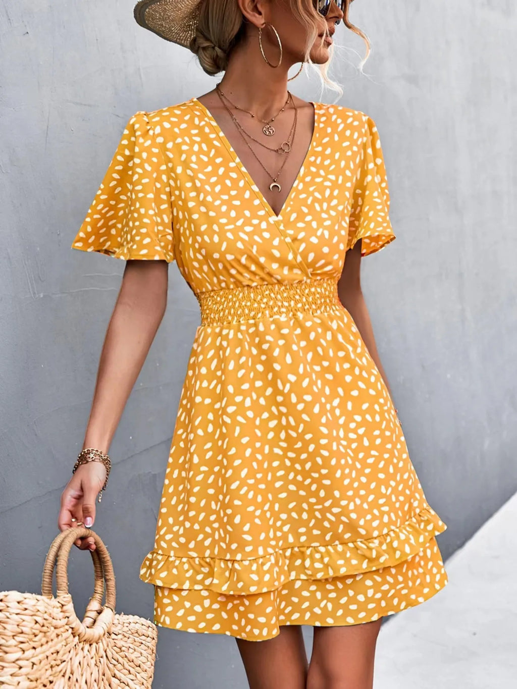 V-Neck Flutter Sleeve Mini Dress