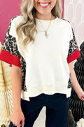 Leopard Block Patchwork Uneven Hem Short Sleeve Top