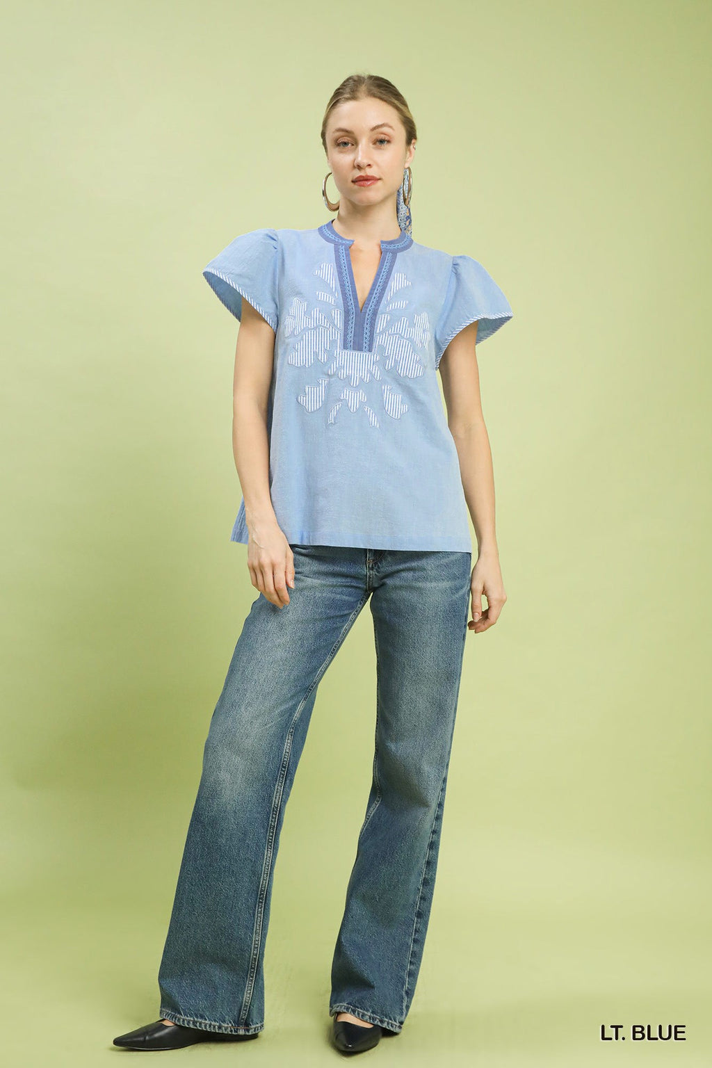 Umgee Abstract Applique Split Neck Top