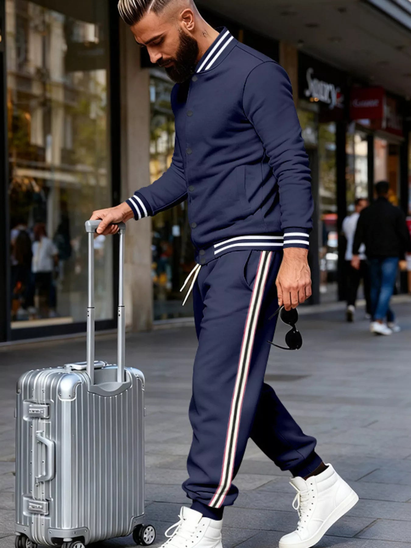 Men's Full Size Striped Snap Down Top and Pants Set Plus Size