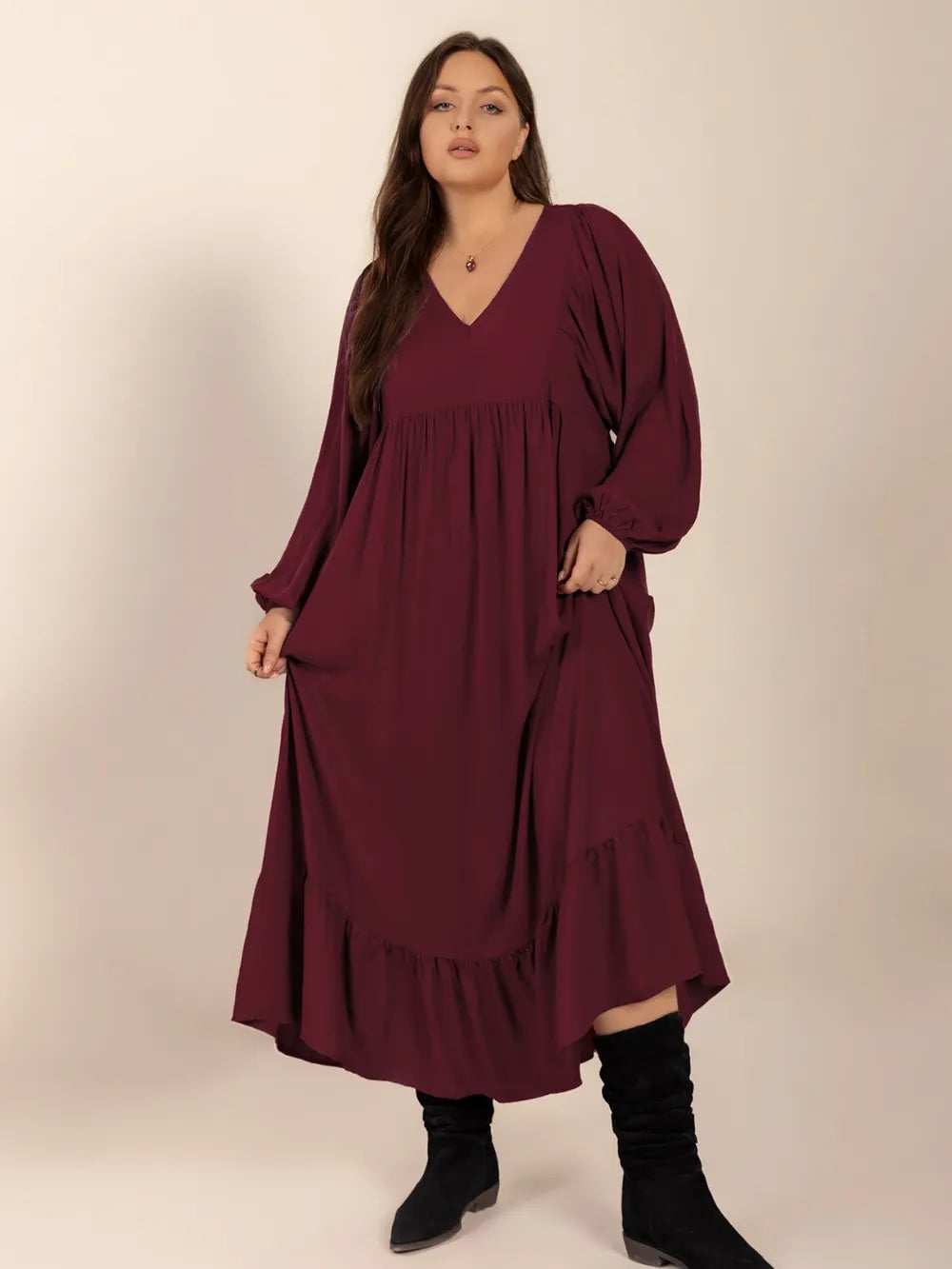 Plus Size Ruffled Hem V-Neck Balloon Sleeve Dress