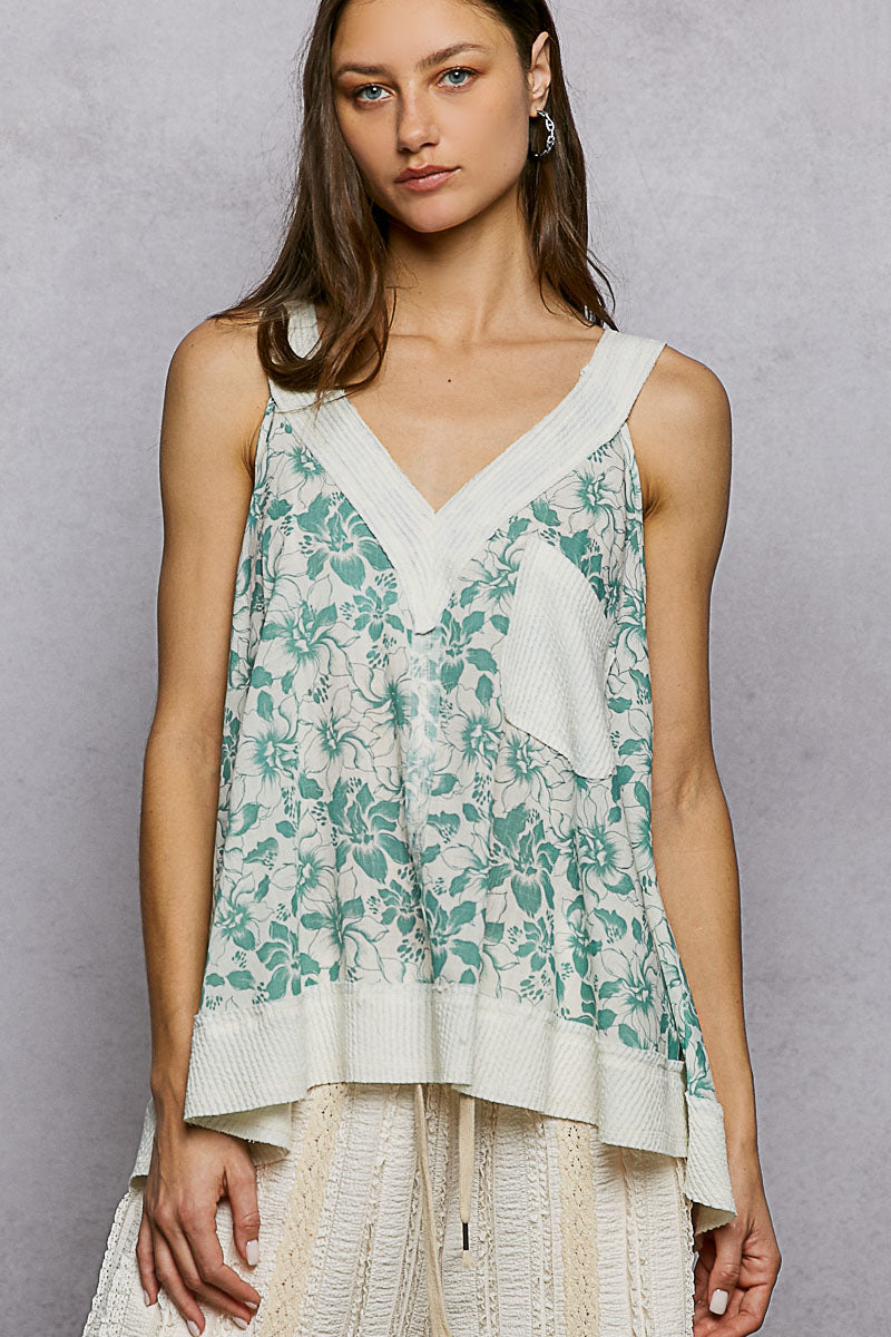 POL Floral V-Neck Tank with Front Pocket
