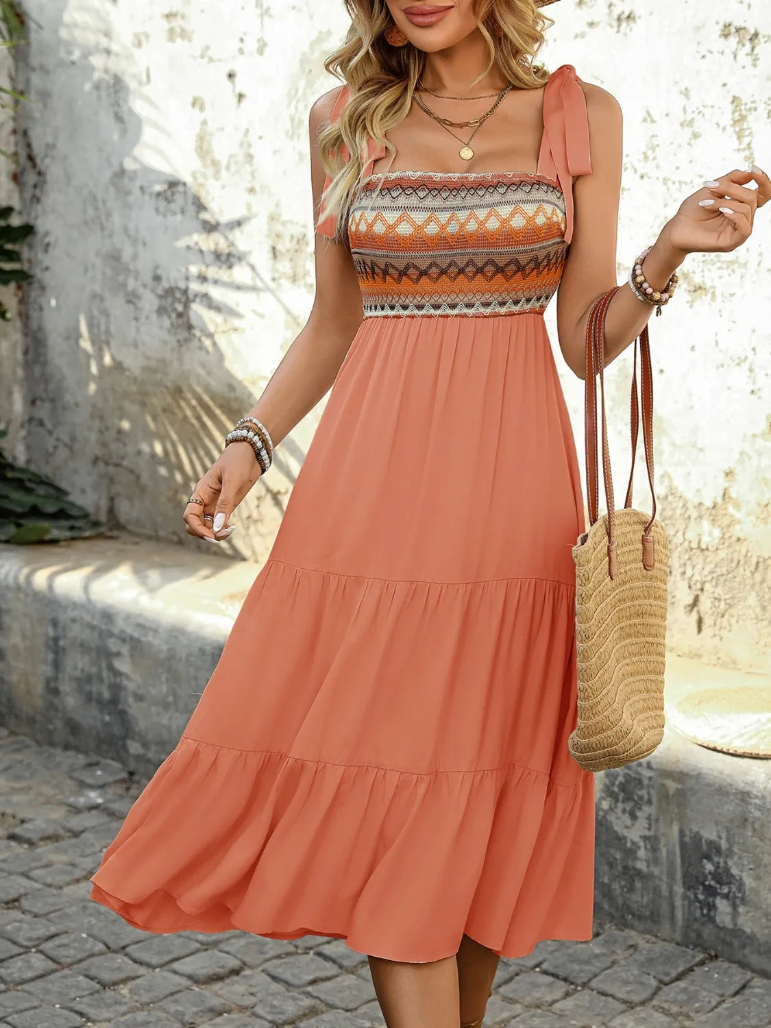 Tie Shoulder Tiered Midi Dress