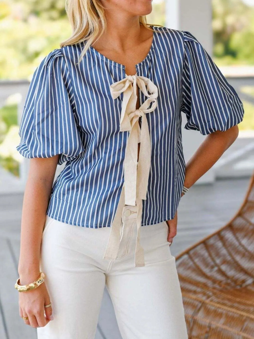 Tie Front Puff Sleeve Striped Blouse