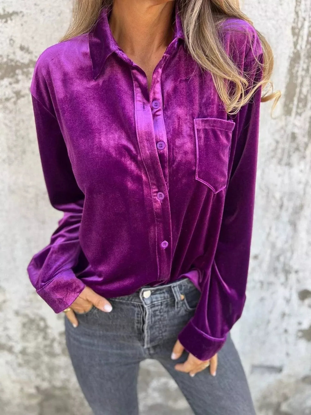 Full Size Velvet Button-Up Long Sleeve Shirt Plus Size