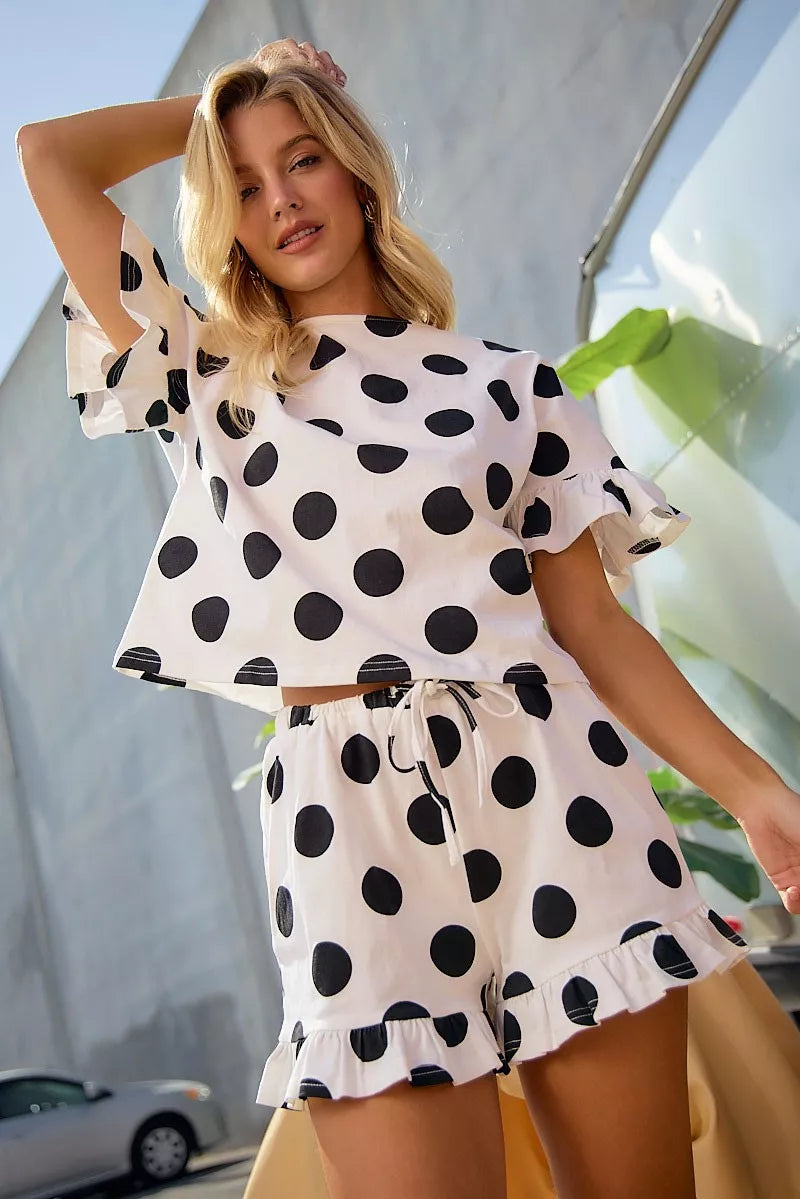 BiBi Polka Dots Printed Ruffled Detail Top And Shorts Set