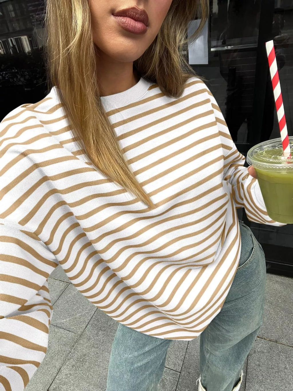 Striped Round Neck Oversized Casual Sweatshirt