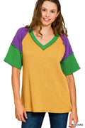 Zenana Mardi Gras Raised Rib Color Block Top