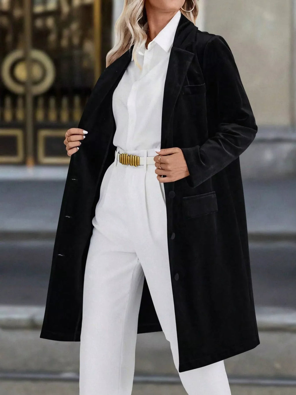 Lapel Collar Long Sleeve Longline Coat