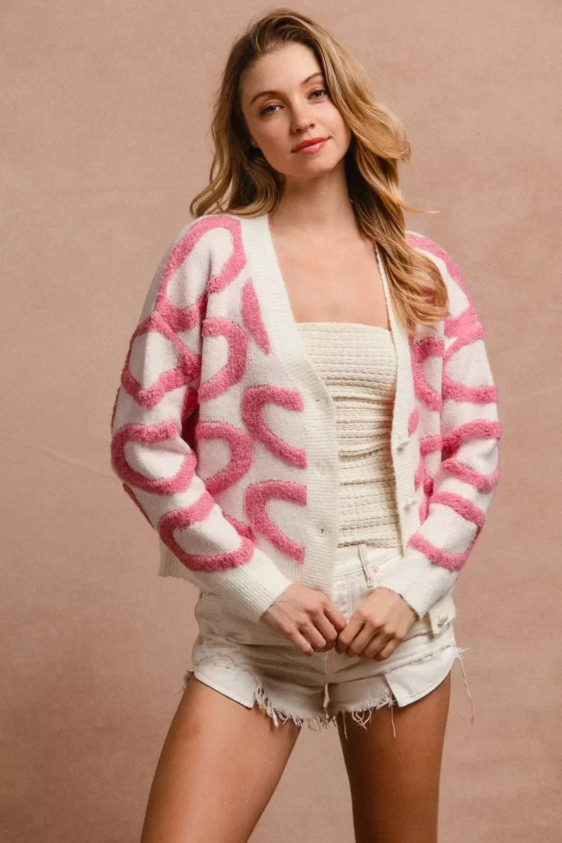 BiBi Textured Heart Buttoned V Neck Cardigan