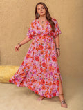 Plus Size Slit Floral V-Neck Half Sleeve Maxi Dress