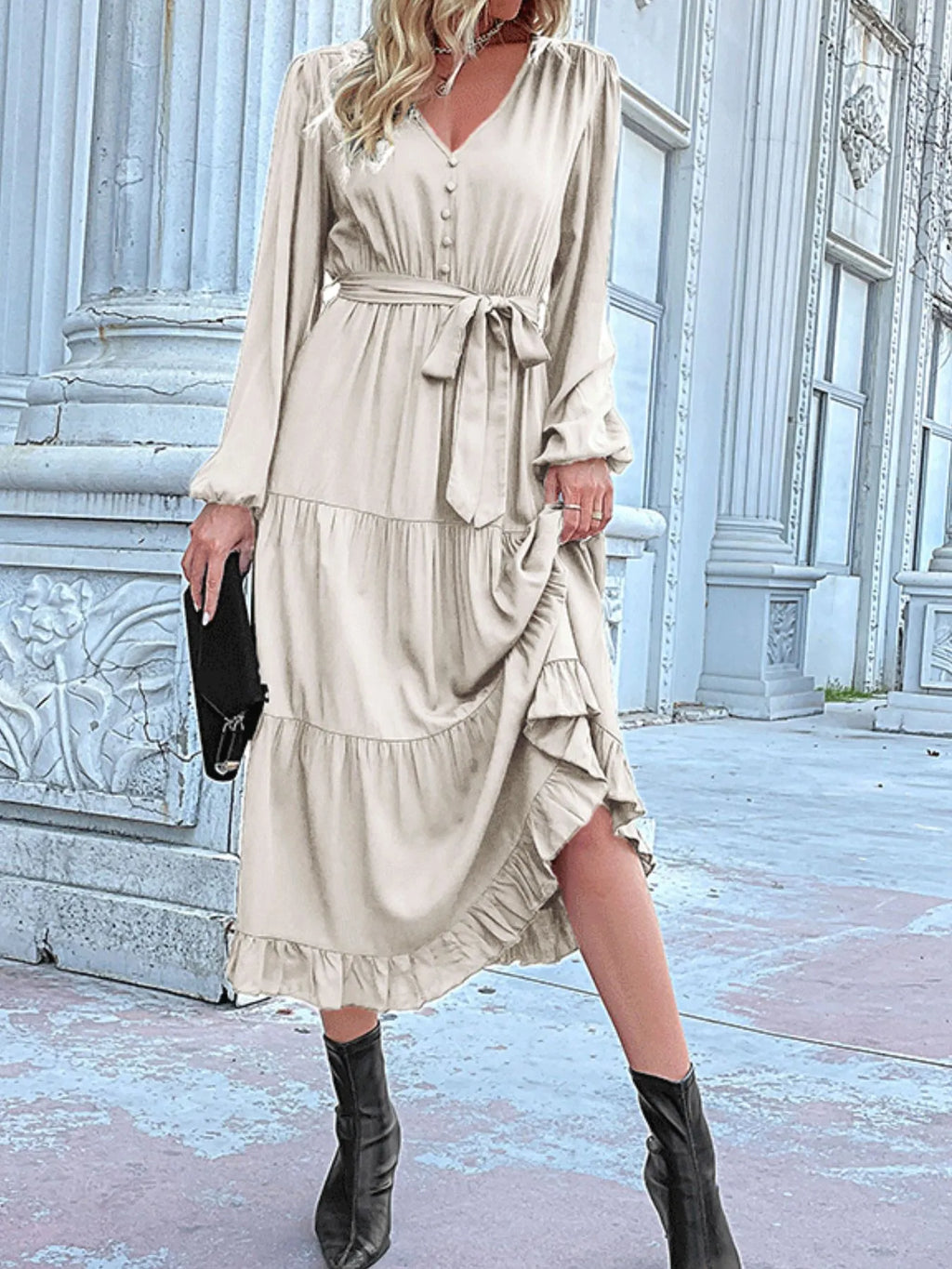 Ruffled Hem V-Neck Balloon Sleeve Dress