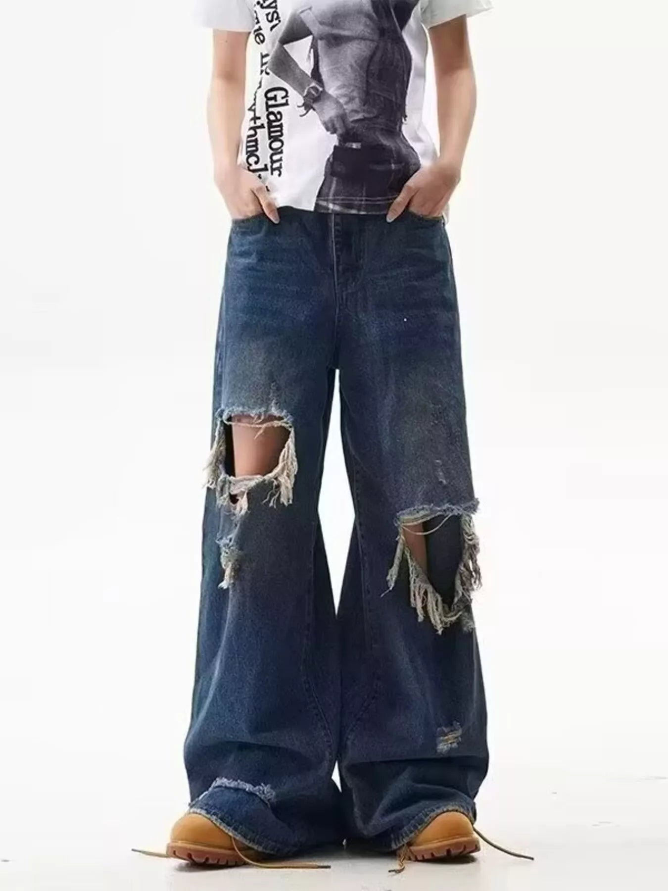 Men's Full Size Distressed Wide Leg Jeans Plus Size
