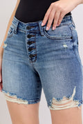 Judy Blue Button Fly Mid Length Denim Shorts W/ Destroy