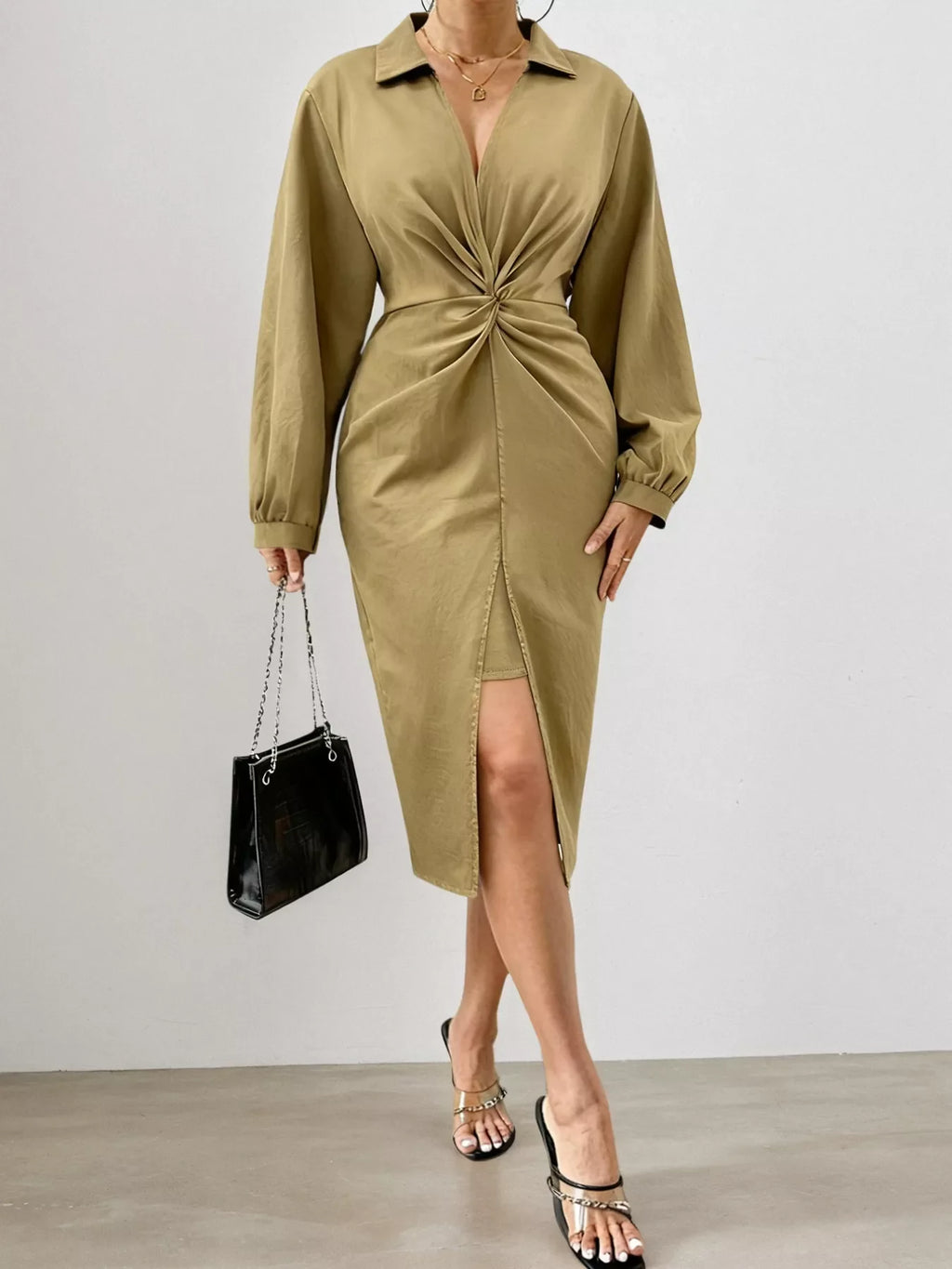 Plus Size Twist Front Split Midi Dress