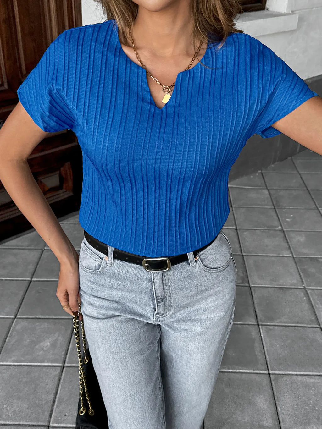 Textured Notched Short Sleeve Blouse