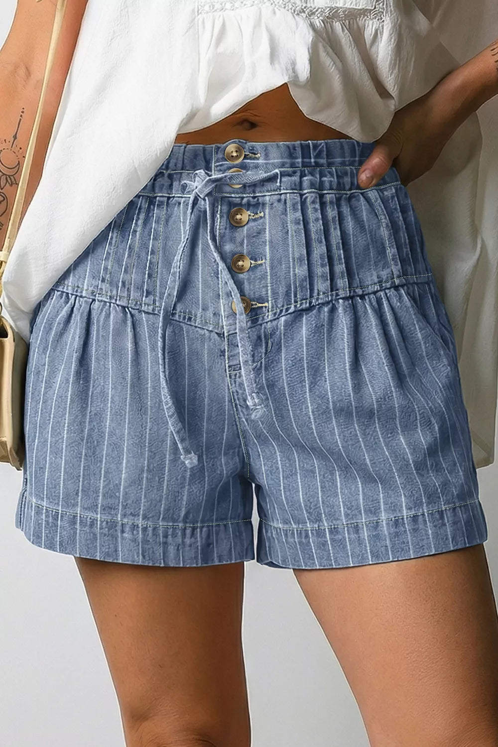 Striped High-Waisted Denim Shorts