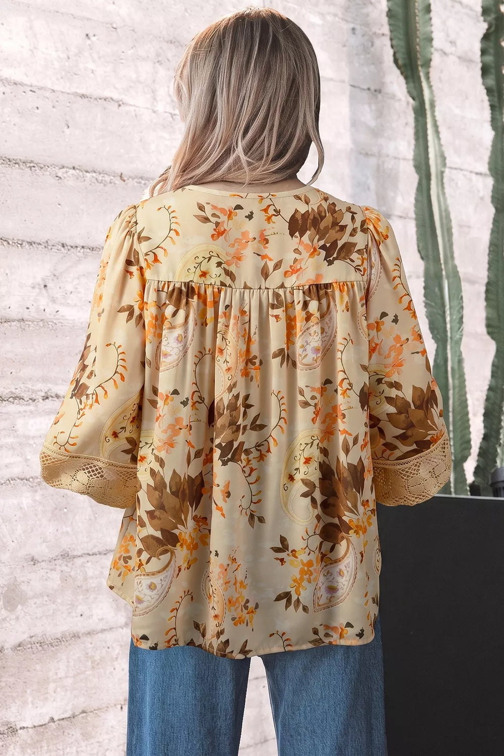 Paisley Print Decorative Binding Tape V Neck Shift Blouse