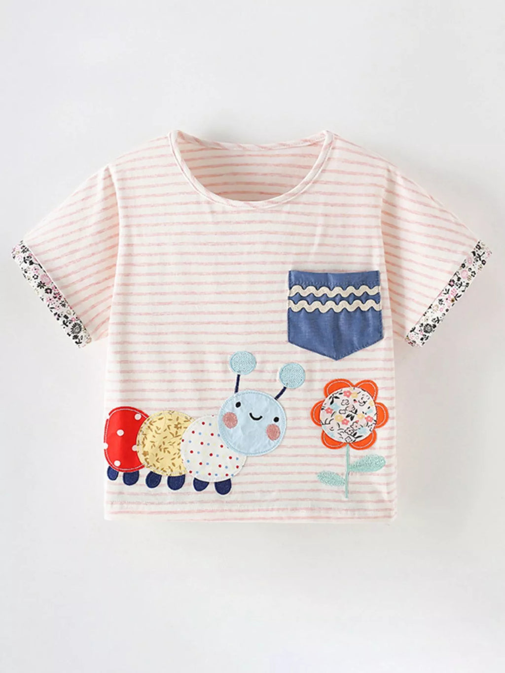 Children's Cute Cartoon Caterpillar Applique Striped T-Shirt