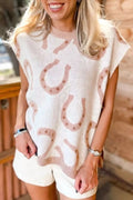 Horse Shoe Western Print Tied Side Cap Sleeve Knit Top