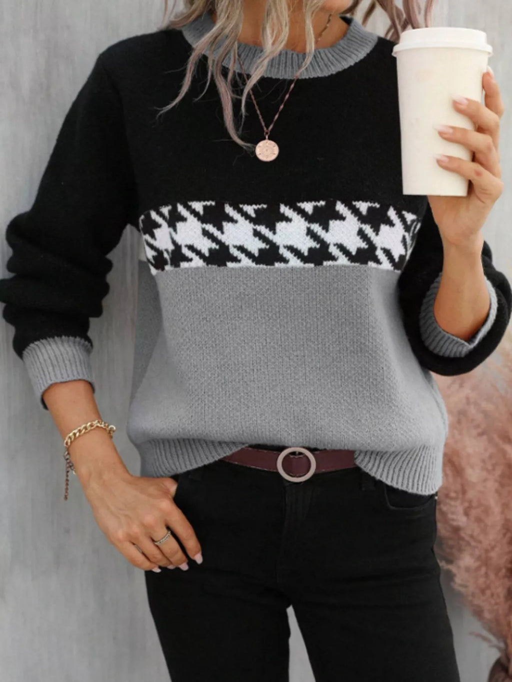 Color Block Houndstooth Sweater