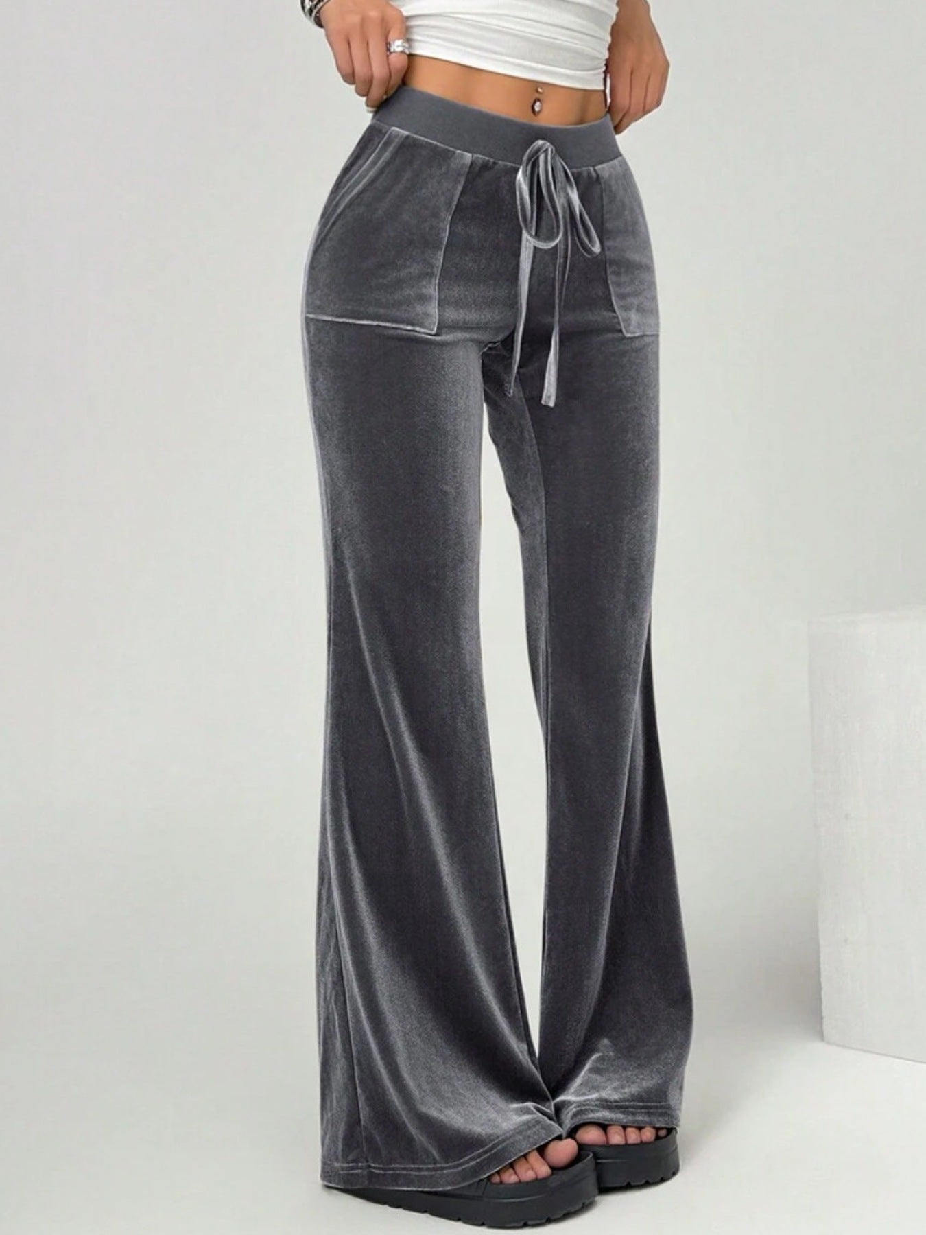 Velvet Flare Pants with Drawstring