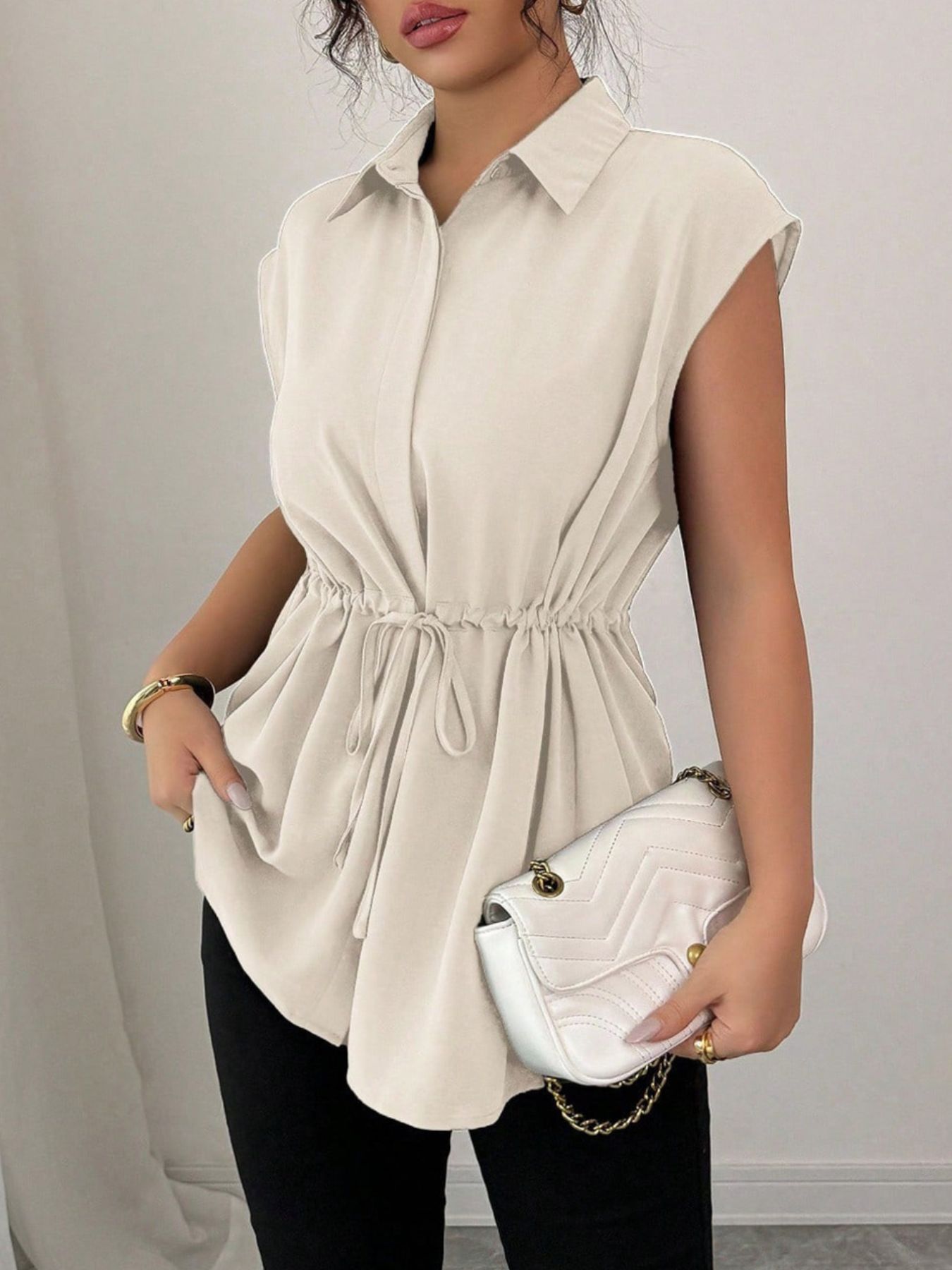Drawstring Waist Cap Sleeve Shirt