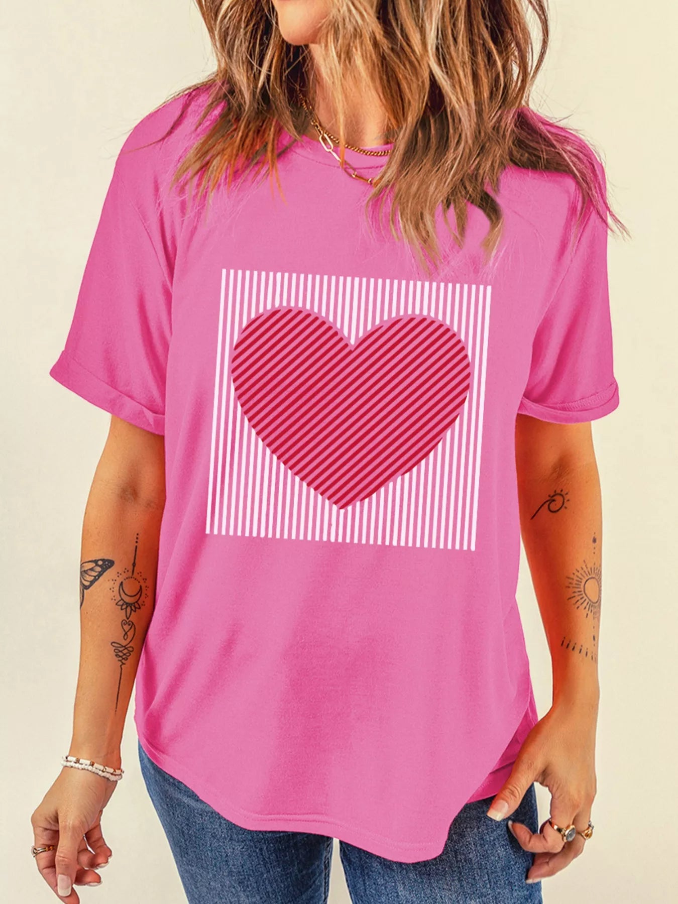 Contrast Striped Heart Printed Valentines Day T Shirt