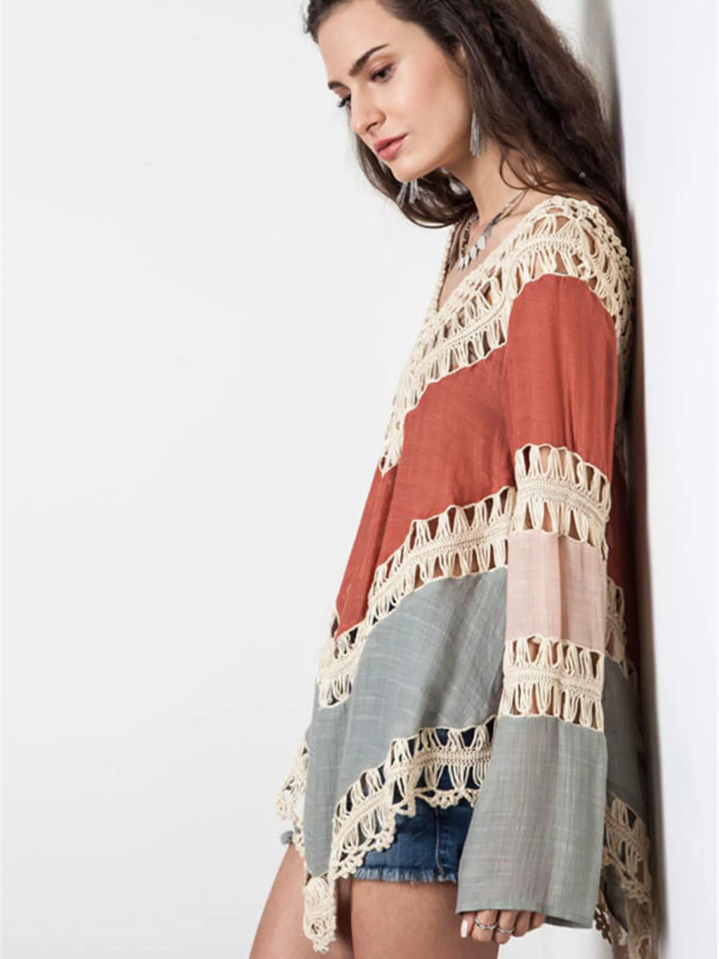Crochet Trimmed Long Sleeve Cover Up