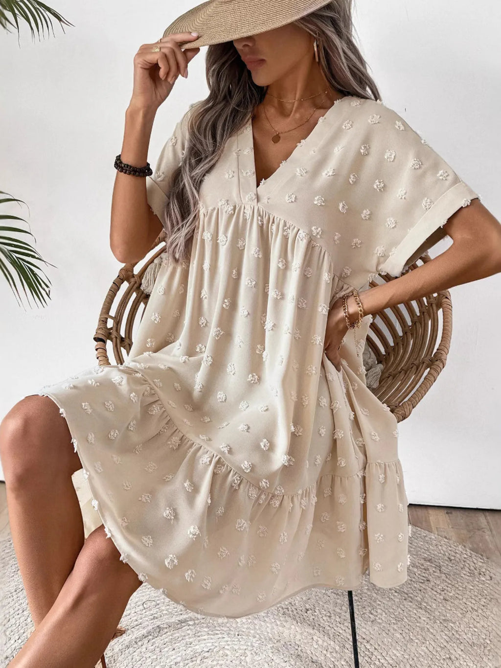 Ruffled Hem Swiss Dot Mini Dress