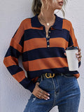 Striped Button Detail Dropped Shoulder Knit Top
