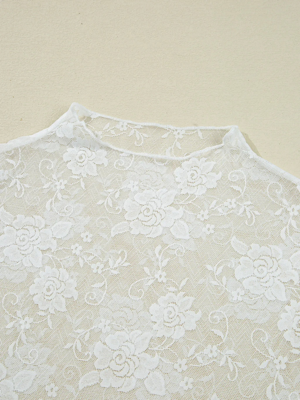 Sheer Floral Lace Mesh Mock Neck Long Sleeve Top