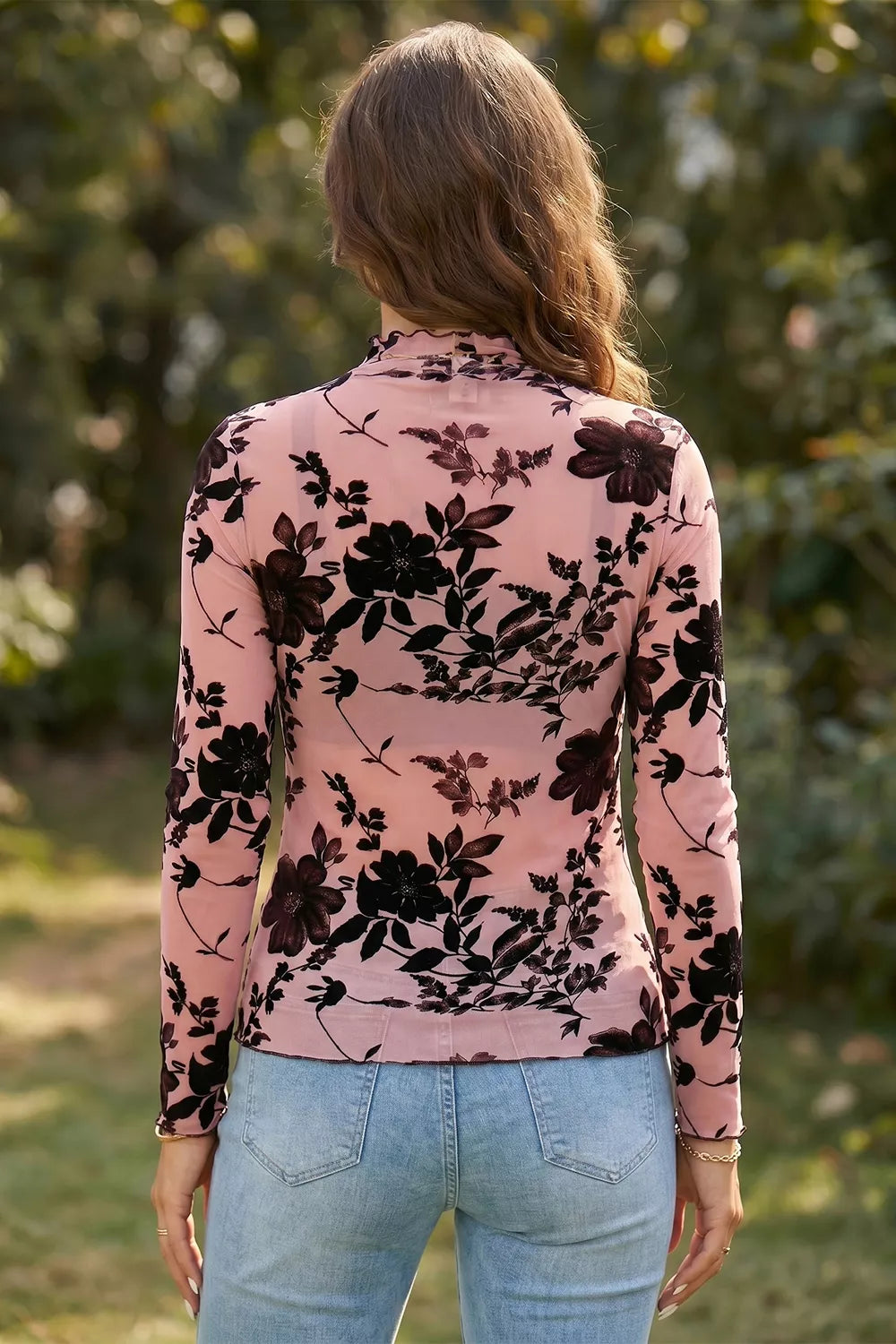 Floral Print Mesh Long Sleeve Pullover Blouse